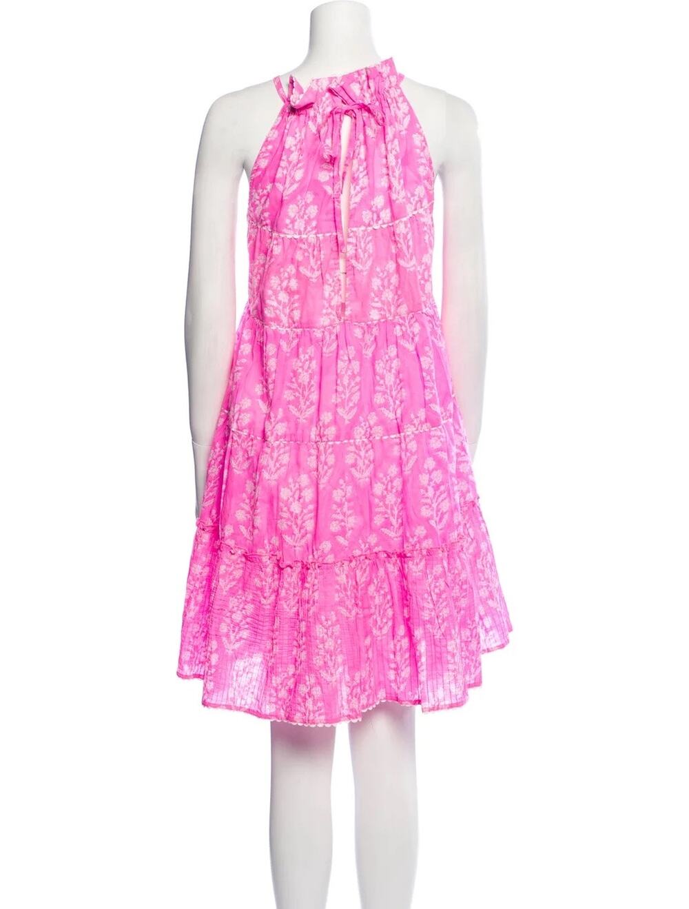 Juliet Dunn Pink Floral Sleeveless Halter Ruffle Tiered Swing Mini Sun Dress 2